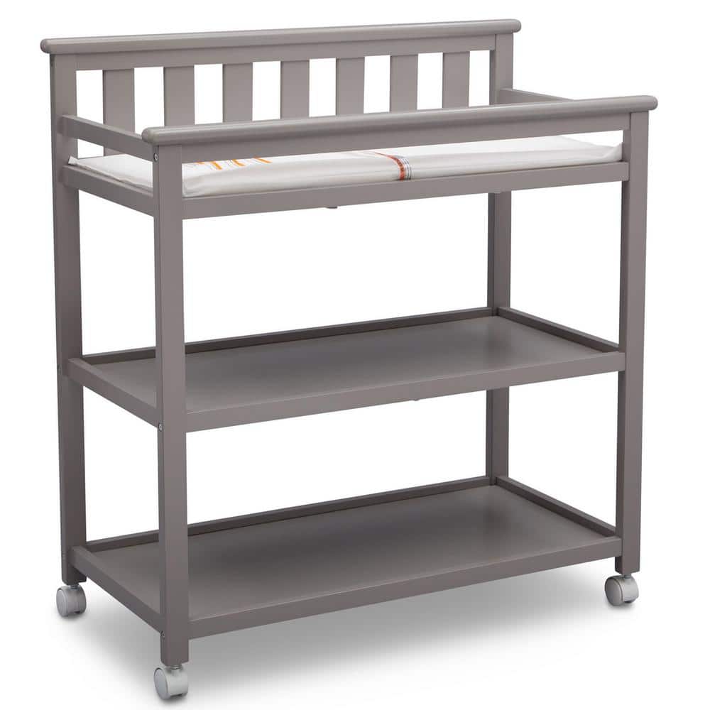 Gray Wood Changing Table with Wheels and Safety Strap