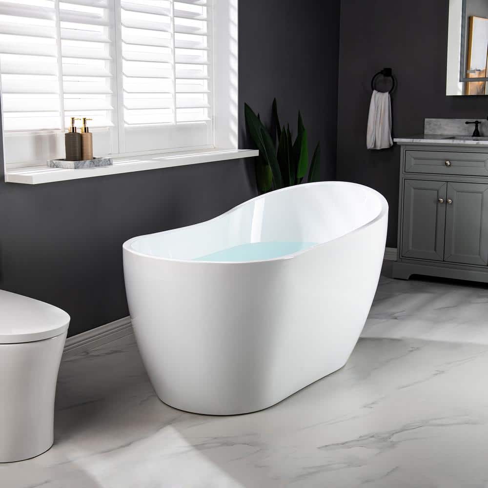54" White Acrylic Freestanding Slipper Soaking Tub with Matte Black Trim