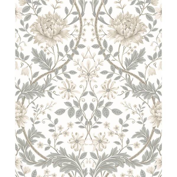 Seabrook Designs Ivory and Grey Honeysuckle Floral Pre-Pasted Paper Wallpaper Roll (57.5 sq. ft.)