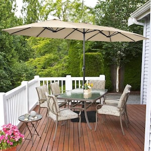 15 ft. Double-Sided Twin Metal Market Patio Umbrella with Crank and Base in Beige