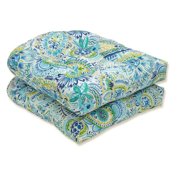 Pillow Perfect Paisley 19 in. x 19 in. 2-Piece Outdoor Dining Chair Cushion Blue/Yellow Gilford