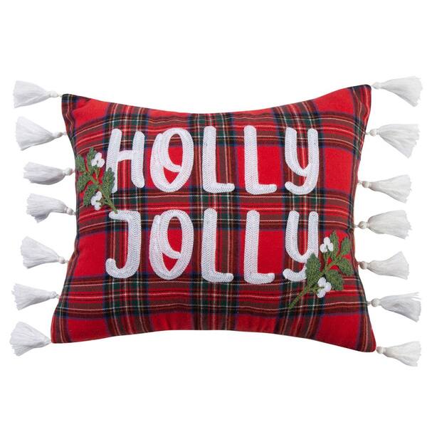 LEVTEX HOME Thatch Home Spencer Plaid Multi-Color Holly Jolly Embroidered 14 in. x 18 in. Throw Pillow