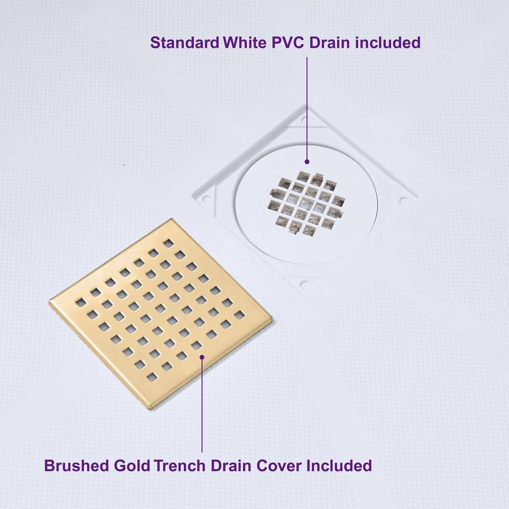 36" White Solid Surface Shower Pan Base with Brushed Gold Drain Cover