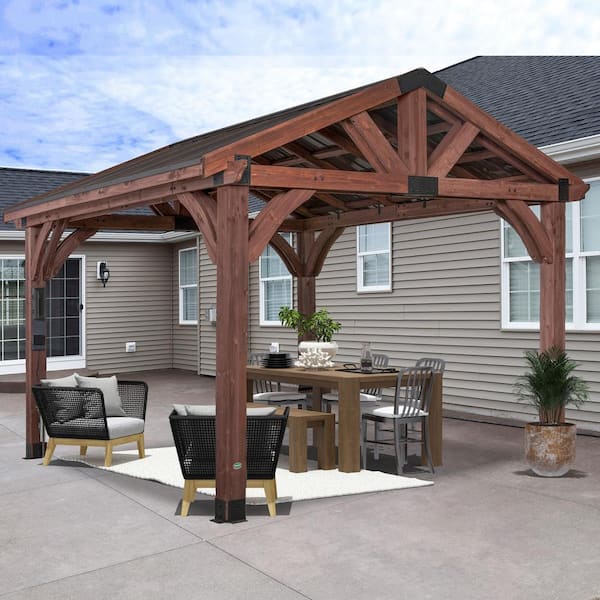 Backyard Discovery Arlington 12 ft. x 12 ft. All Cedar Wood Outdoor Gazebo Structure with Hard Top Steel Metal Peak Roof and Electric