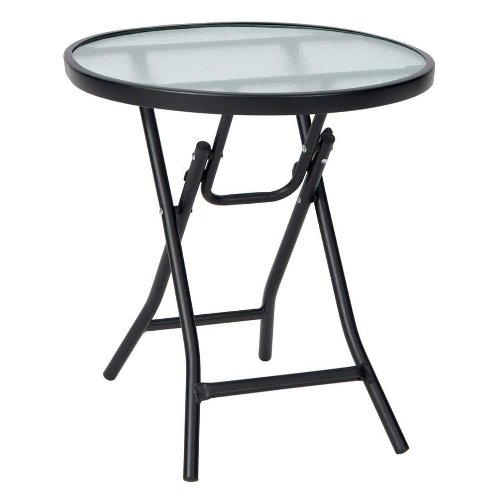 Outdoor Patio Round Folding Side Table with Tempered Glass Tabletop