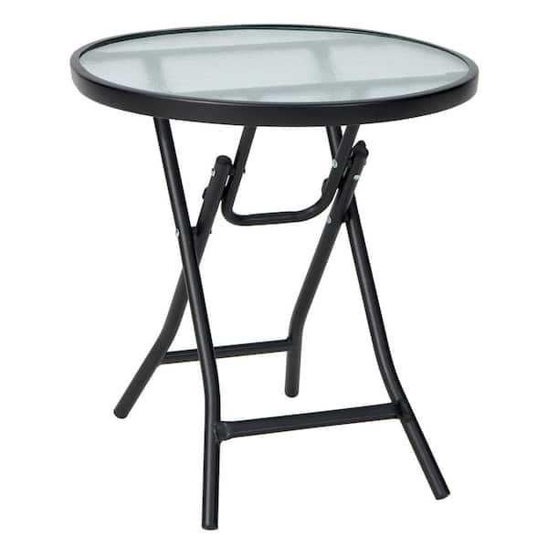 Unbranded Outdoor Patio Round Folding Side Table with Tempered Glass Tabletop