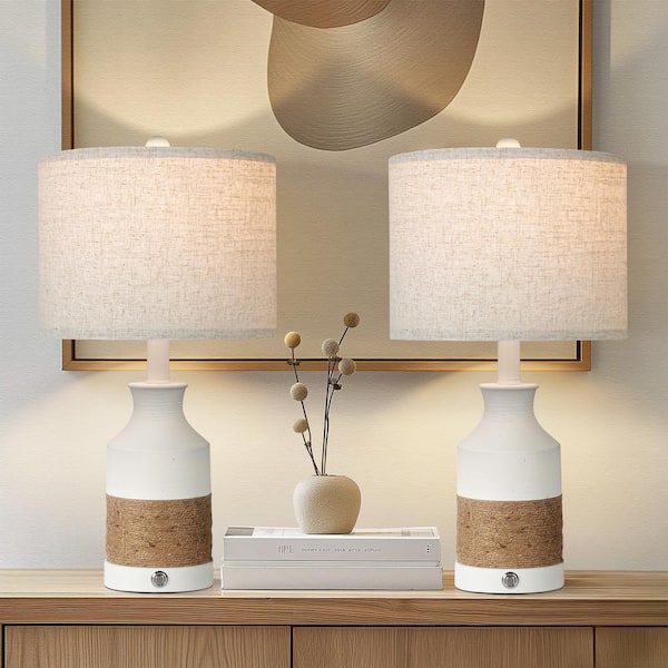 BICIK 20 in. Bohemian Rustic Table Lamp Set with Resin Rattan Base and Linen Shade (Set of 2)