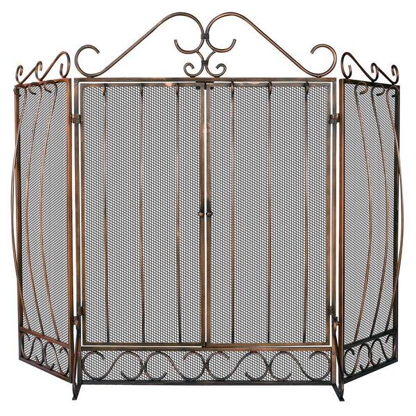 UniFlame Venetian Bronze 56 in. W Steel Frame 3-Panel Fireplace Screen with Doors, Bowed Bar Scrollwork and Heavy Guage Mesh
