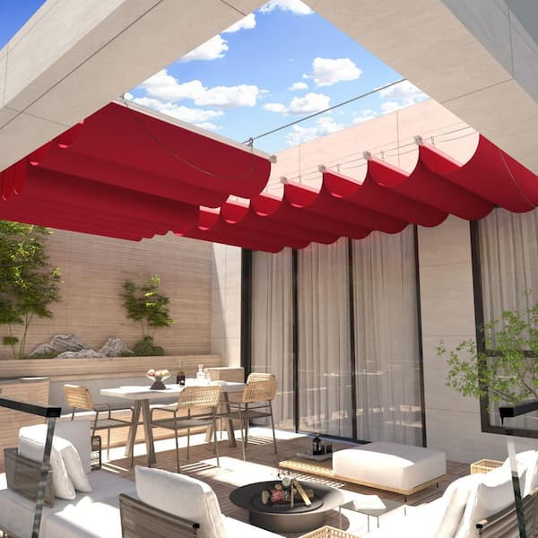 7 ft. x 12 ft. Retractable Waterproof Wave Sun Shade Canopy Pergola Cover Shade Sail Awning for Outdoor Patio, Red
