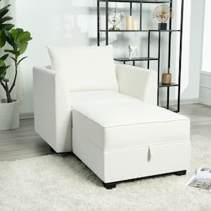 Contemporary Straight Arm Accent Chair with Ottoman - White Down Linen