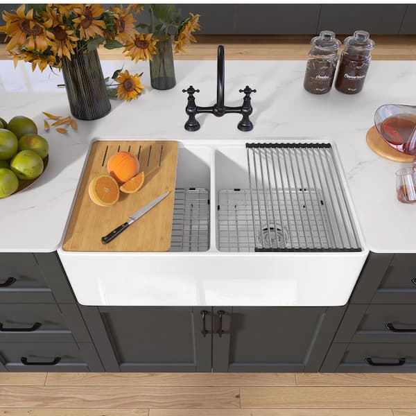 Zeafive White Fireclay 33 in. Double Bowl Farmhouse Apron Workstation Kitchen Sink with Cutting Board, Bottom Grid, Strainer