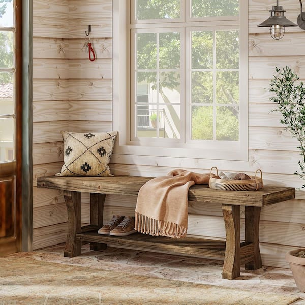 BYBLIGHT Penvilk 55.1 in. Dark Brown Solid Wood Entryway Bench
