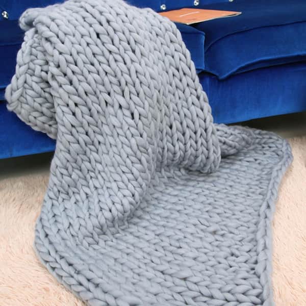 Watnature French Grey Chunky Knit Blanket Merino Wool Yarn Throw Blanket for Cuddling up in Bed Bulky Sofa Chair Mat for Decor