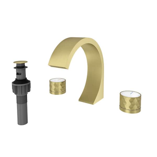 CASAINC 8 in. Widespread Double Handle C Arc Waterfall Spout Deck-Mount Bathroom Sink Faucet with Drain Kit in Brushed Gold