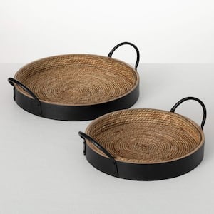 15.25 in. And 13 in. Round Wood And Seagrass Tray Set of 2