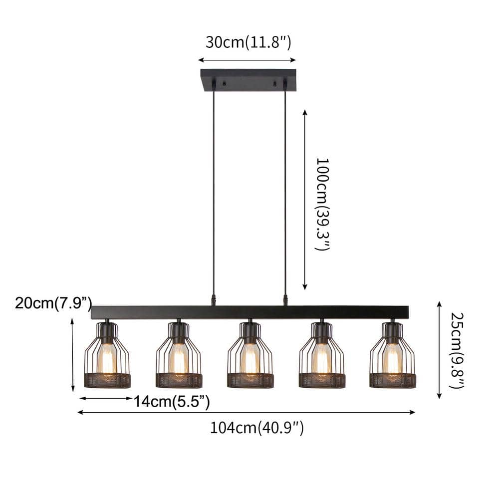 Black Metal Cage 5-Light Linear Island Chandelier