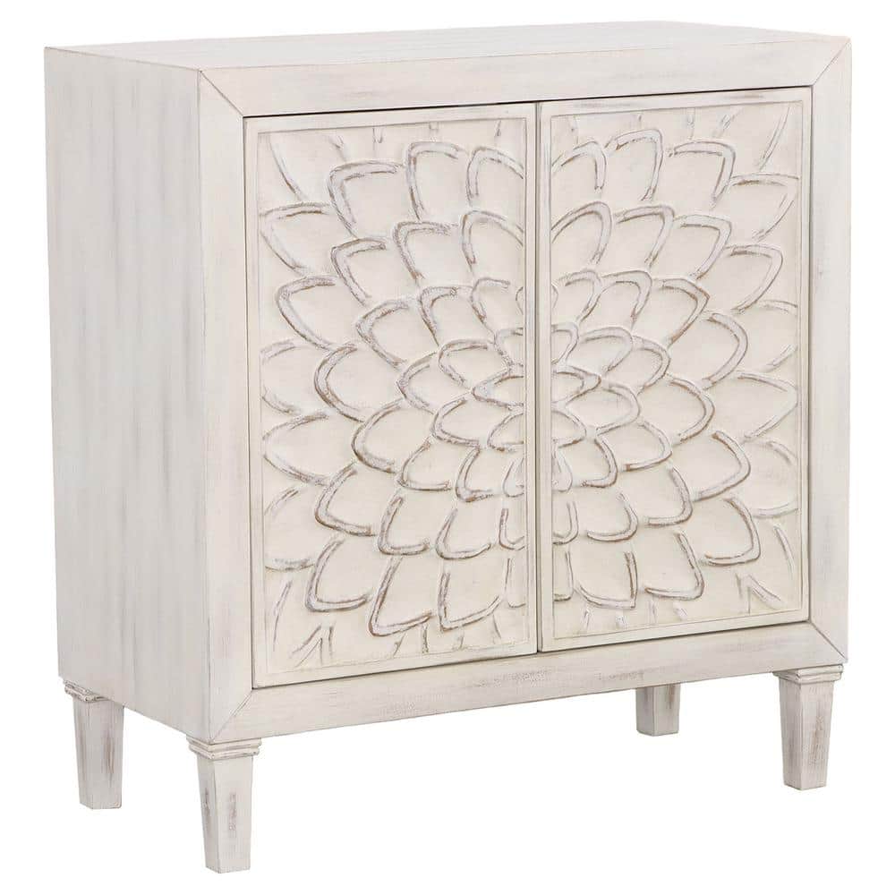 White Floral Carved 2-Drawer Freestanding Accent Cabinet