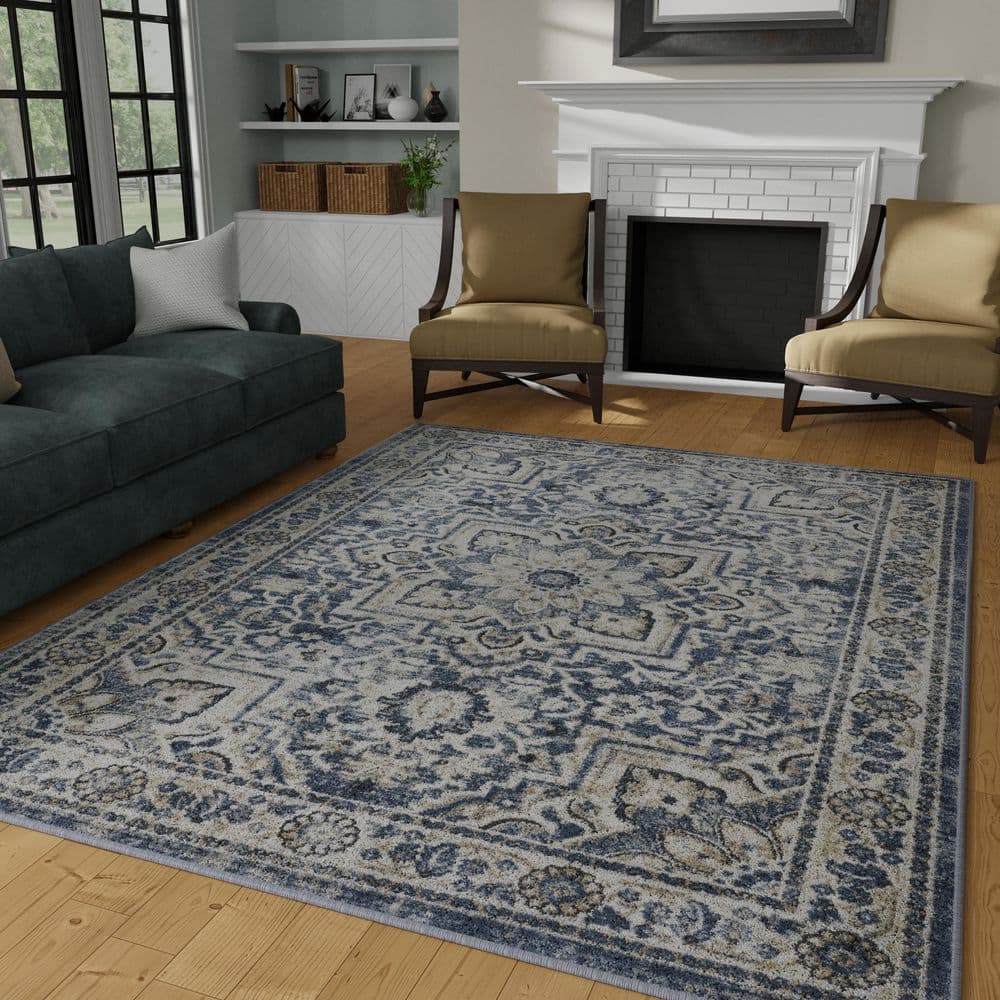 Rectangular Blue Synthetic Easy Care 4' x 6' Area Rug