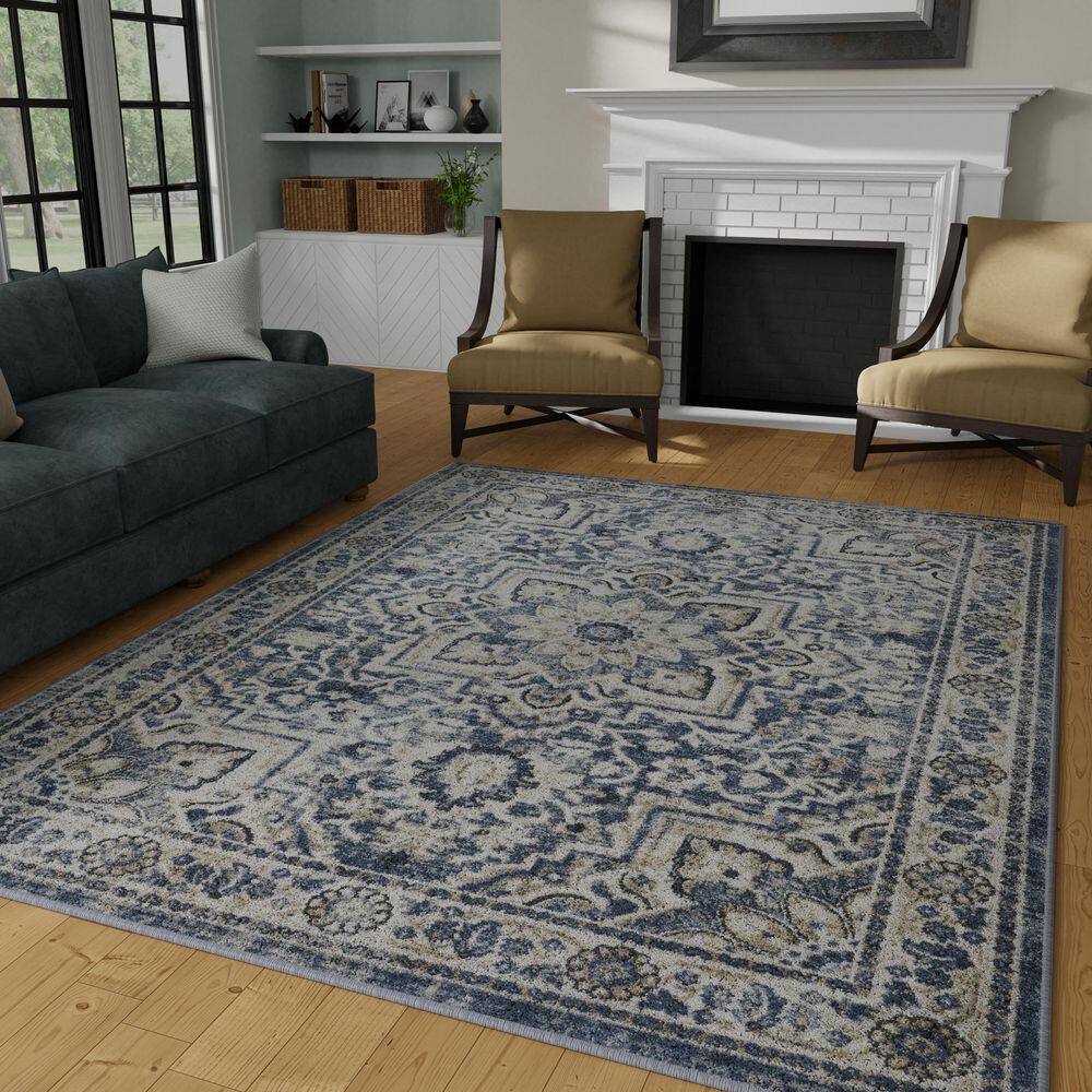 Elegant Blue Oriental-Inspired 8' x 10' Synthetic Area Rug