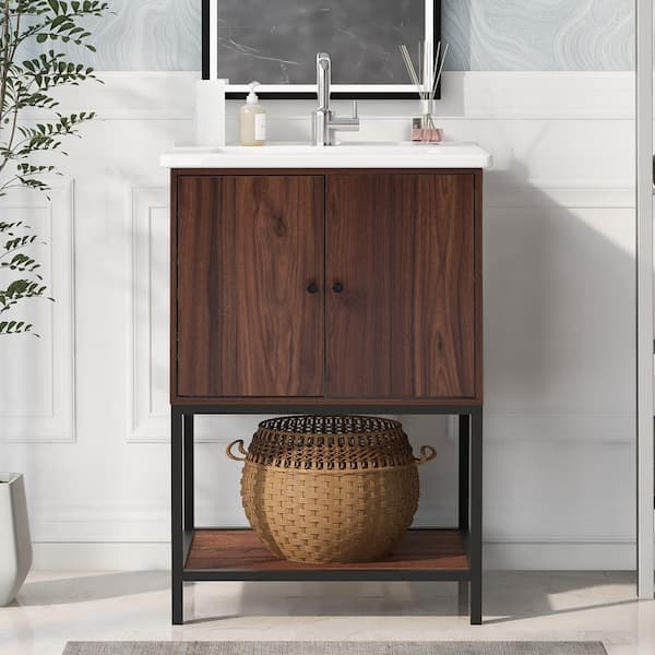 Sarlai 24 in. W x 18 in. D x 34 in. H Freestanding Bath Vanity in Walnut with White Ceramic Top Sink for Small Bathroom