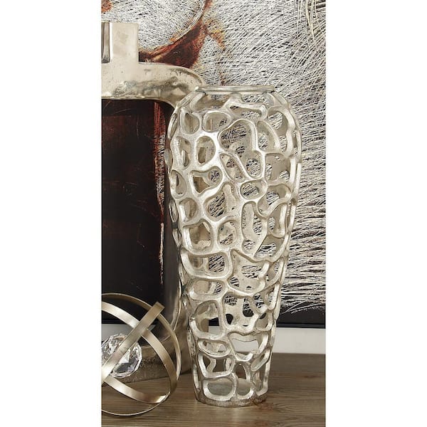 19 in. Silver Cutout Coral Aluminum Metal Decorative Vase