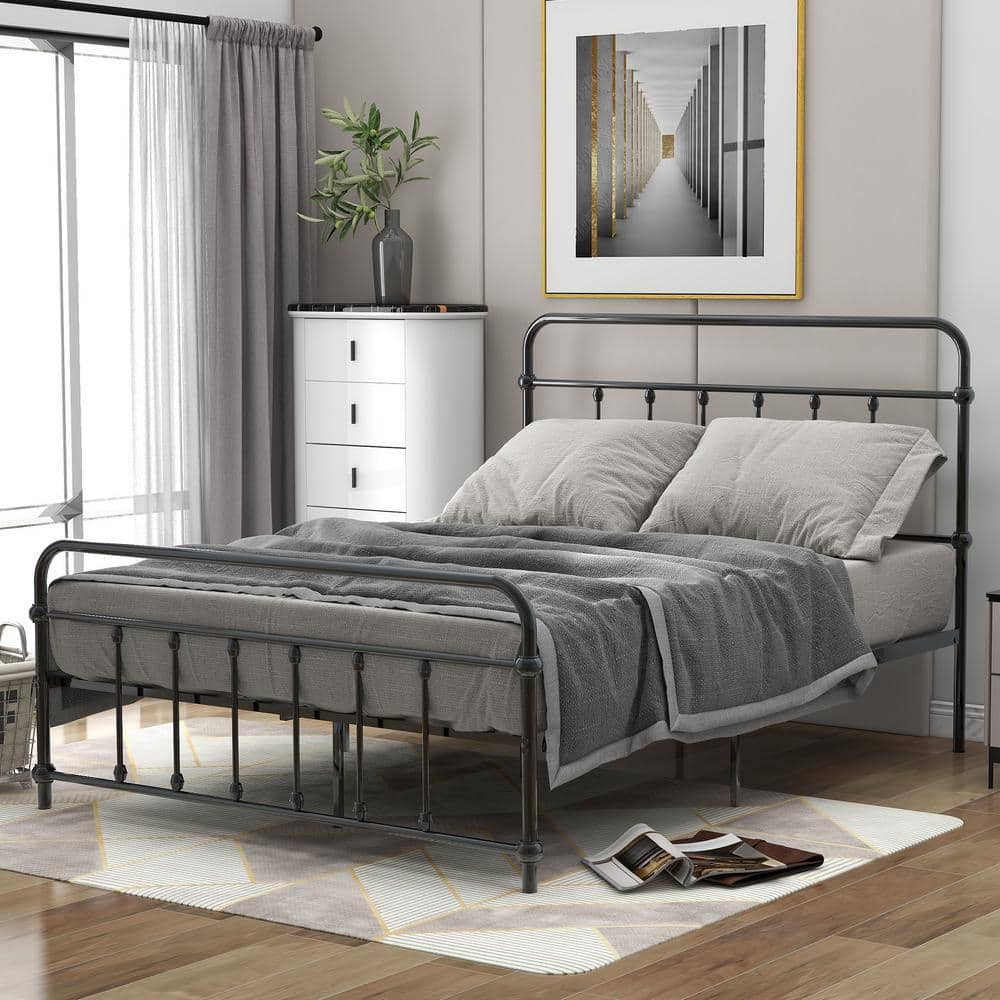 GOJANE 77.30 In. W Black Full Size Metal Platform Bed With Headboard ...