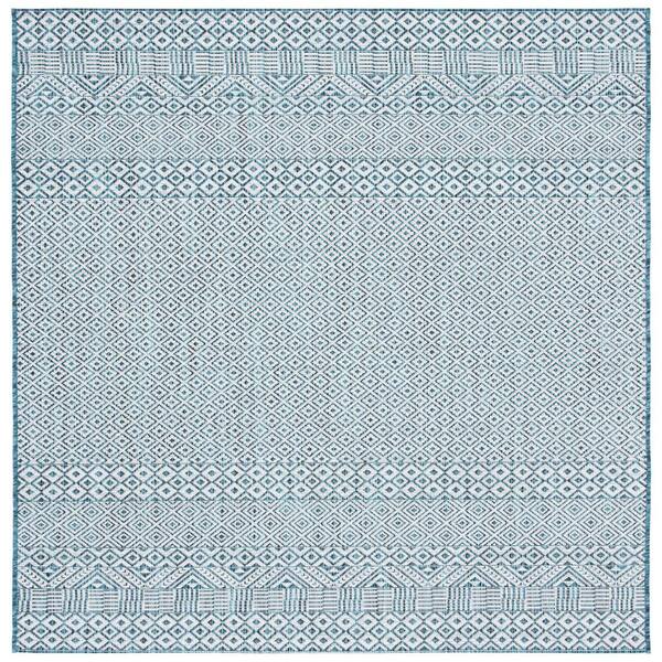 Courtyard Ivory/Aqua 7 ft. x 7 ft. Geometric Diamond Indoor/Outdoor Patio  Square Area Rug