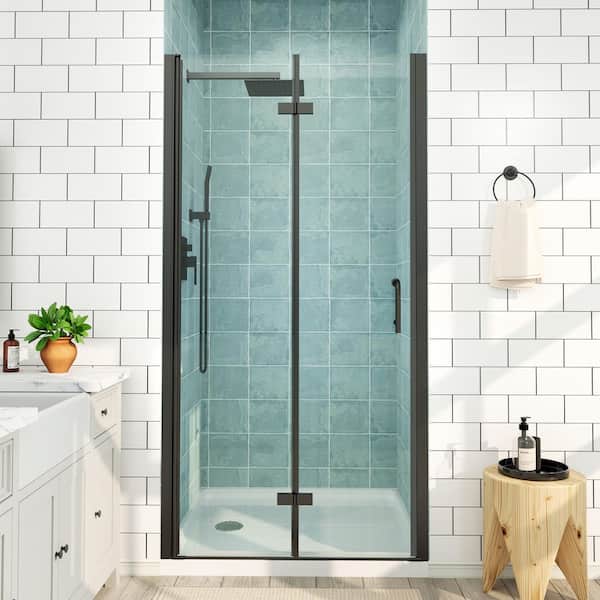 36 to 37-1/4 in. W x 72 in. H Bi-Fold Frameless Shower Doors in Black with Clear Glass