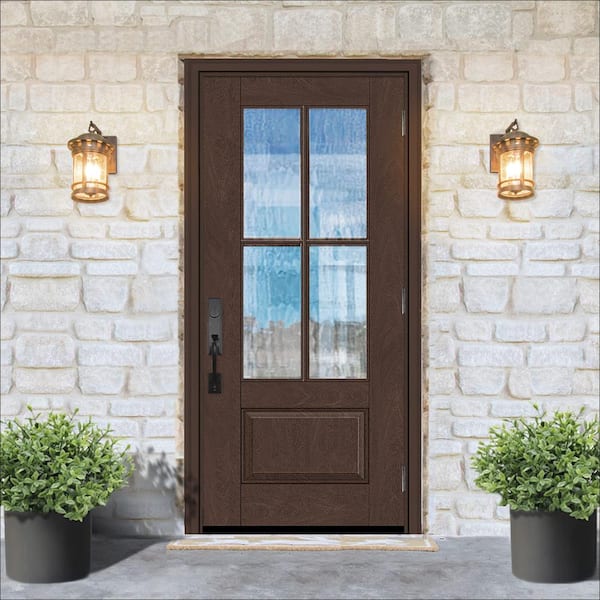 Regency 36 in. x 80 in. 3/4 Lite 4 SDL Oasis Decorative Glass LHOS Prefinished Chestnut Fiberglass Prehung Front Door