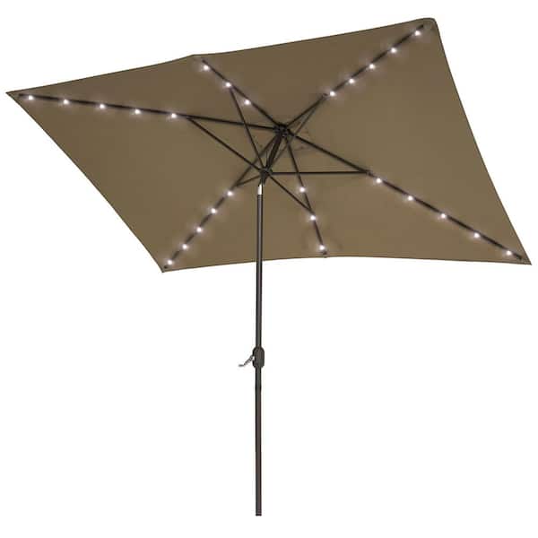Sonkuki Solar LED 10 ft. x 6.5 ft. Aluminum Patio Rectangle Market Umbrella in Taupe with Push-Button Tilt