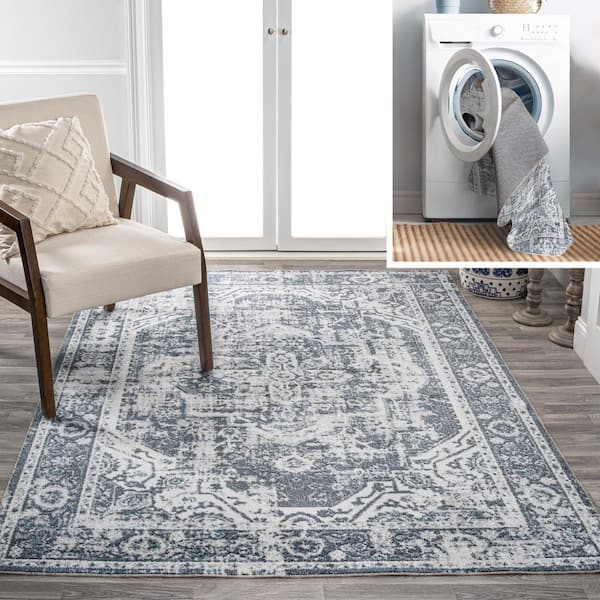 Keesha Bold Distressed Medallion Low-Pile Machine-Washable Cream/Blue 8 ft. x 10 ft. Area Rug