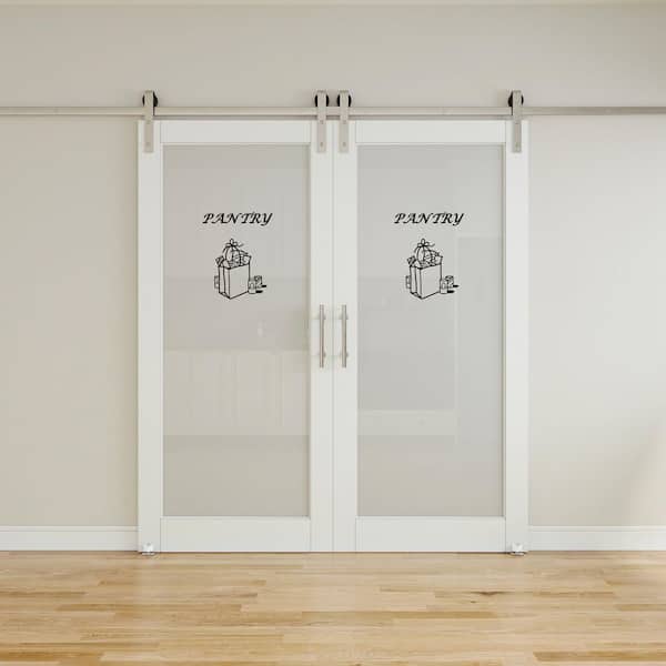 72 in. x 96 in. 1 Lite Tempered Frosted Glass White MDF Sliding Barn Door with Hardware Kit Nickel and Pantry Sticker