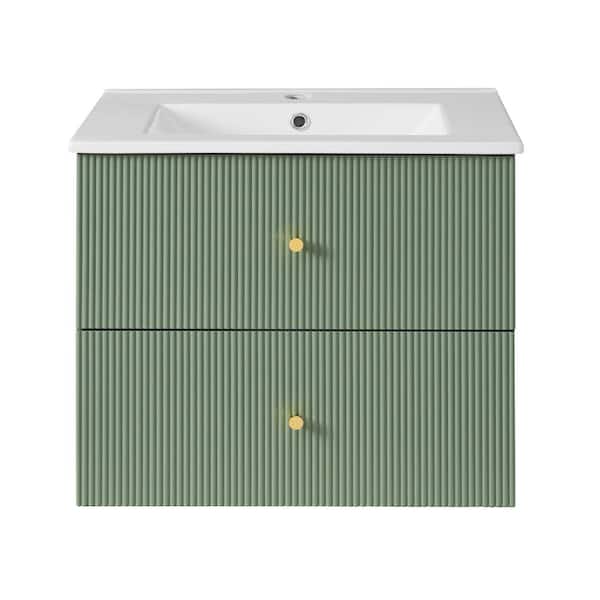 24 in. Single Sink Wall-Mounted Green Bath Vanity with White Ceramic Top Unassembled