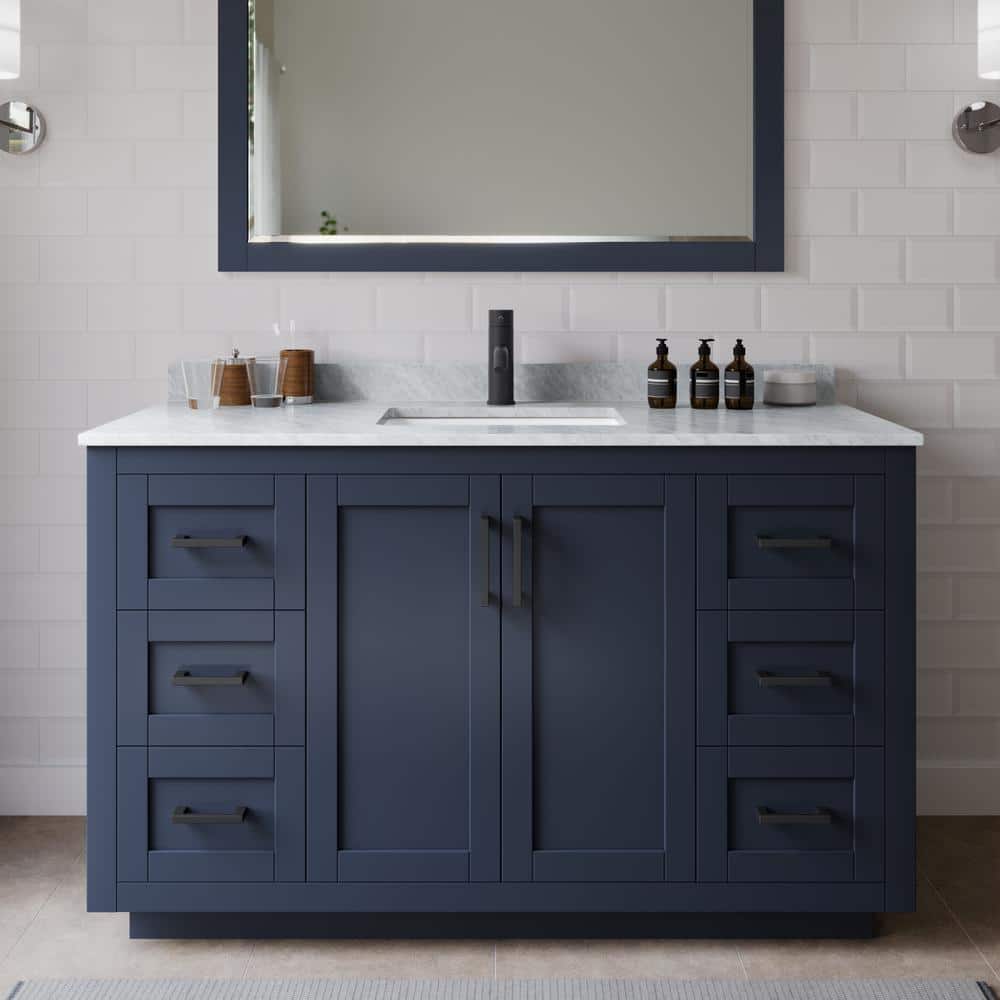 Miranda 54 in. W x 22 in. D x 33.75 in. H Single Sink Bath Vanity in Dark Blue with White Carrara Marble Top and Mirror price history on PriceWatchPro