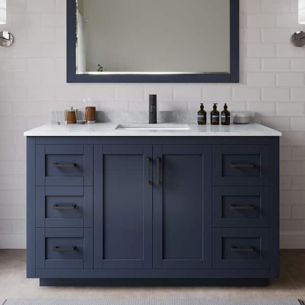 Wyndham Collection Miranda 54 in. W x 22 in. D x 33.75 in. H Single Sink Bath Vanity in Dark Blue with White Carrara Marble Top and Mirror