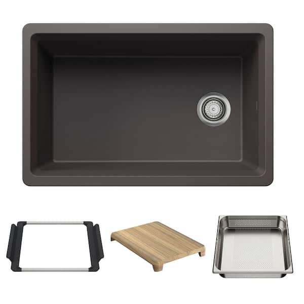 Inteos 30 in. Undermount Single Bowl Cinder Granite Composite Kitchen Sink With Colander and Cutting Board