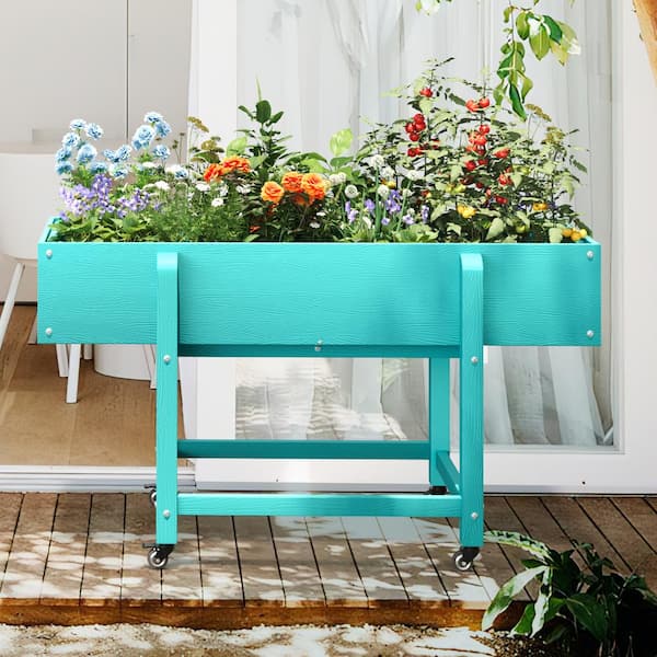 LUE BONA 48 in. x 20 in. x 28 in.Aruba Blue Plastic Raised Garden Bed Mobile Elevated Planter Box with Lockable Wheels and Liner