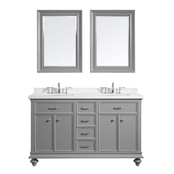 ROSWELL Charlotte 60 in. W x 22 in. D x 36 in. H Vanity in Grey with Quartz Vanity Top in White with White Basin and Mirror