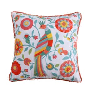 Laurel Coral Multicolor Floral Bird Crewel Stitch Mini Pom Pom Trim 18 in. x 18 in. Throw Pillow