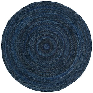 Braided Navy/Black 10 ft. x 10 ft. Round Solid Color Striped Area Rug