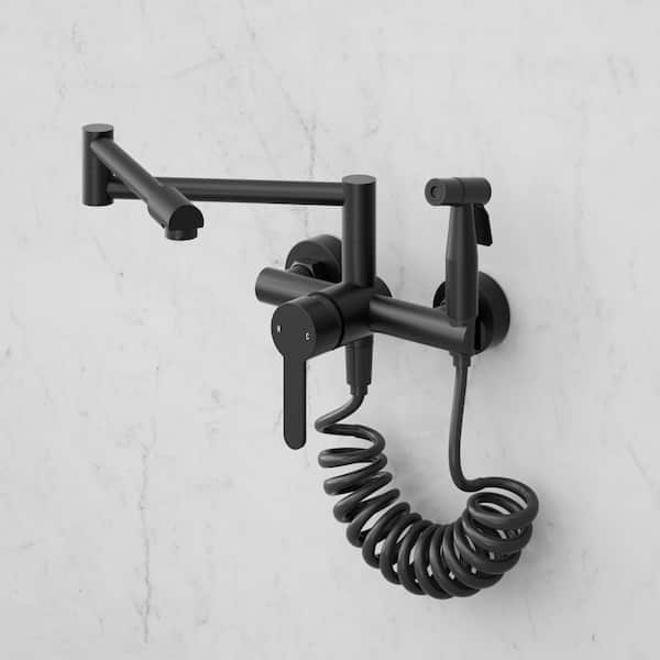 Wall Mount Folding Kitchen Faucet with Spray Gun, Dual Function Pot Filler Tap, 3.1 GPM Water Flow in Matte Black