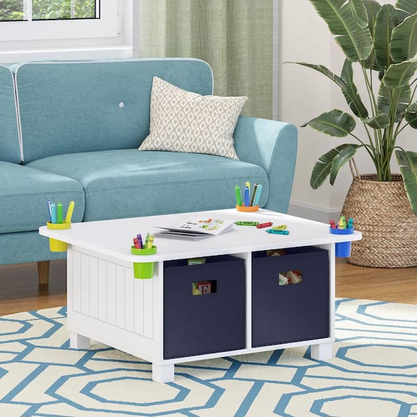 RiverRidge Home Kids Desk and Art Activity Table with 4-Storage Cubbies and 4-Removable Storage Cups - White with 2-Navy Fabric Bins