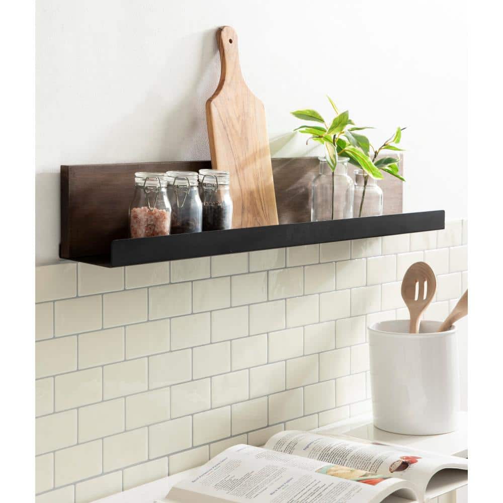 Walnut Brown and Black Wood Floating Wall Shelf with Lip, 30x4