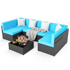 Black 7-Piece Wicker Outdoor Sectional Set with Coffee Table and Blue Cushions