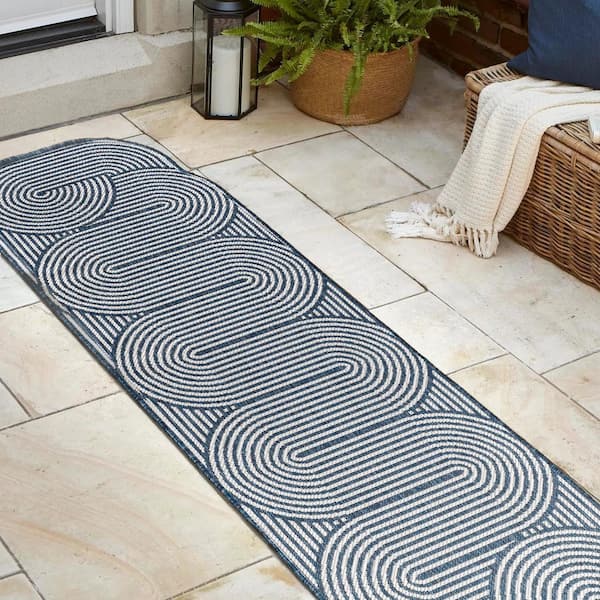 Margot Modern Geometric Arch Stripe Cream/Navy 2 ft. x 8 ft. Indoor/Outdoor Shaped Runner Rug