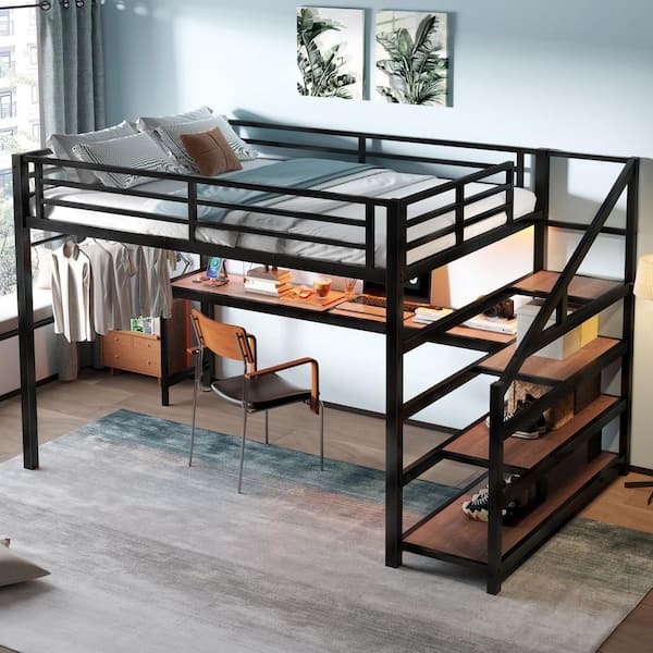 Black Queen Wood/Metal Loft Bed with Desk and Storage Stairs,led Lights