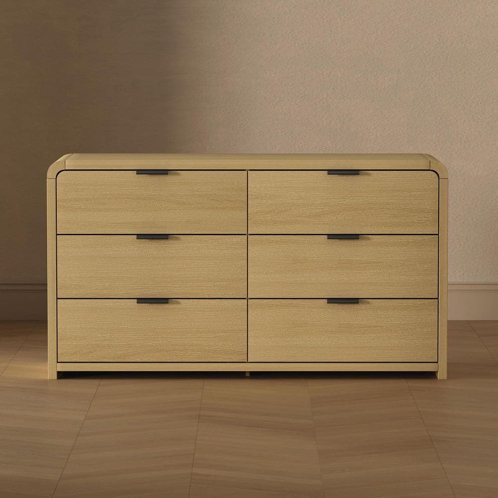 Manhattan Comfort Grace Modern Natural Oak 6-Drawer 60 in. Double Dresser with Black Handles