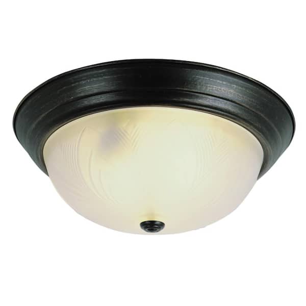 Bel Air Lighting Del Mar 13 in. 2-Light Oil Rubbed Bronze Flush Mount Ceiling Light Fixture with Frosted Leaf Pattern Glass Shade