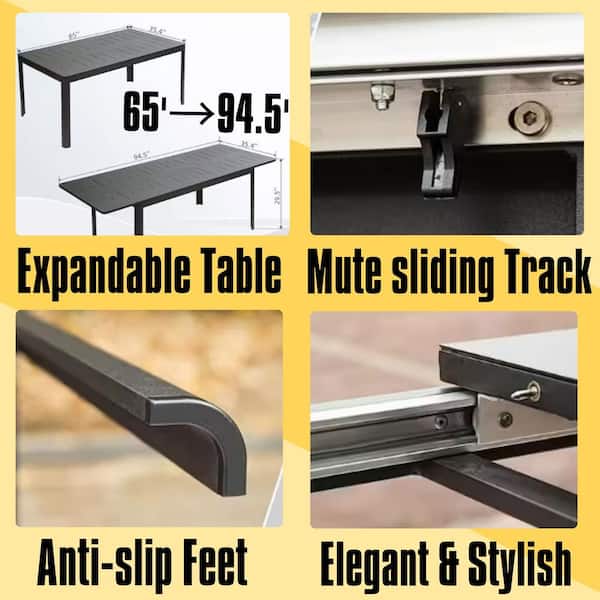 95 in. Black Rectangular Aluminum Outdoor Dining Table Expandable Table for 6-8 Person