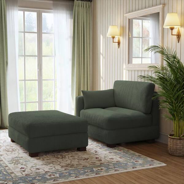Setawix Corduroy Single Sofa Chair With Ottoman - Indoor Chaise Lounge For Bedroom Or Living Room - Green